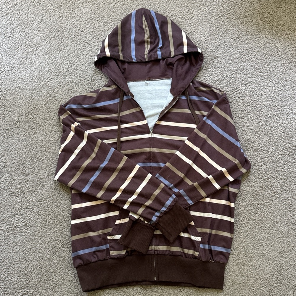 SHEIN Men's Brown and Blue Striped Zip-Up Sweater
